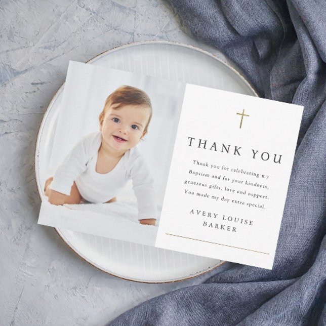 Simple Gold Cross Photo Religious Baptism Thank You Card (Creator Uploaded)
