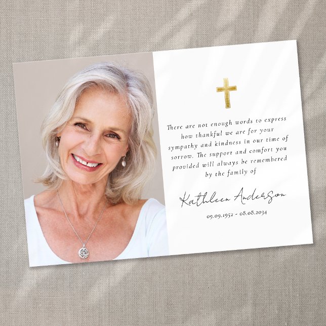 Simple Gold Cross Photo Sympathy Funeral Thank You Card (Creator Uploaded)