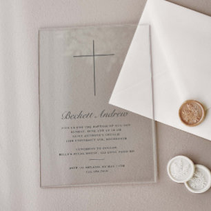 Simple Gold Cross Script Baptism Acrylic Invitations