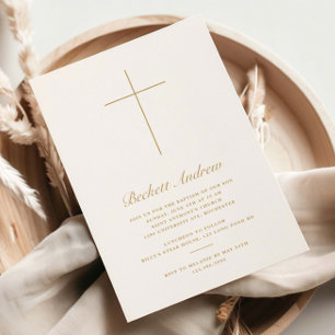Simple Gold Cross Script Baptism Invitation