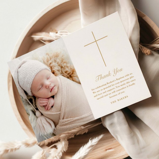 Simple Gold Cross Script Baptism Photo Thank You Card (Elegant, simple cross photo baptism thank you cards.)