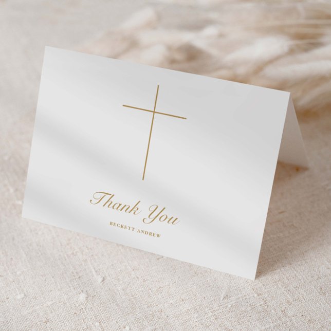 Simple Gold Cross Script Baptism Thank You Card (Elegant, simple cross religious baptism folded thank you cards.)