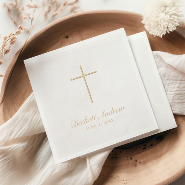Simple Gold Cross Script  Foil Napkins (Elegant Gold Foil Cross Simple Baptism Napkins.)