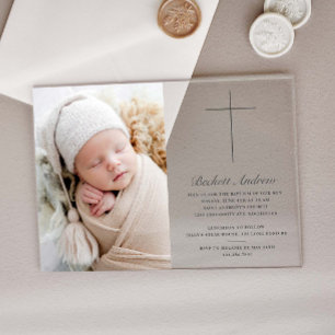 Simple Gold Cross Script Photo Baptism Acrylic Invitations
