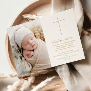 Simple Gold Cross Script Photo Baptism Invitation