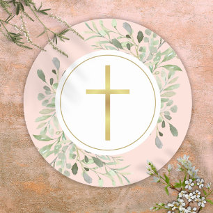 Simple Gold Cross Watercolor Greenery Blush Pink Classic Round Sticker