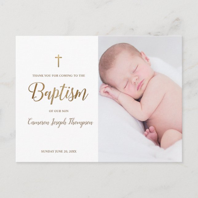 Simple Gold Cross White Custom Photo baby Baptism Postcard (Front)