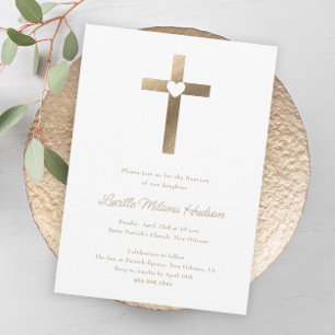 Simple Gold Cross with Heart Baptism Invitation