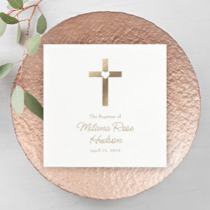 Simple Gold Cross with Heart Baptism Napkin
