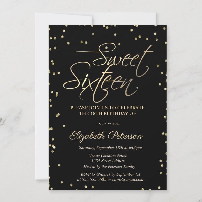 Simple Gold Diamonds Black Sweet 16 Invitation  (Front)