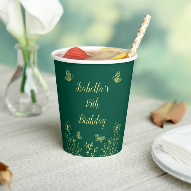 Simple gold floral emerald green  paper cups (Insitu)