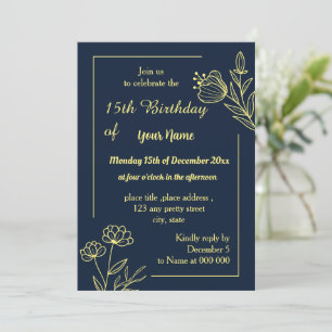 Simple gold floral navy birthday invitation