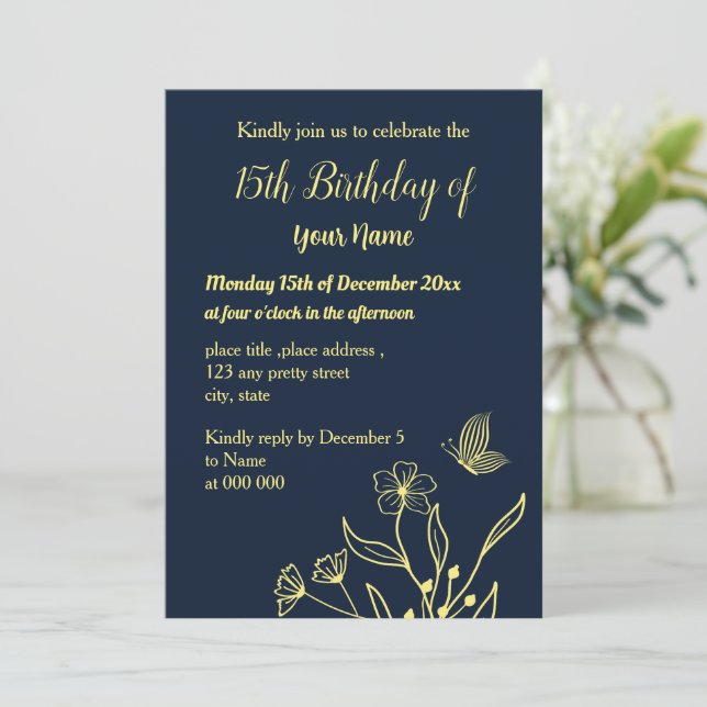 Simple gold floral navy birthday invitation (Standing Front)