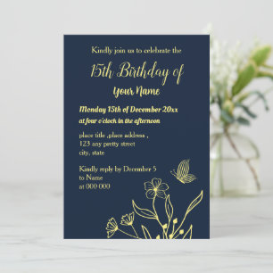 Simple gold floral navy birthday invitation