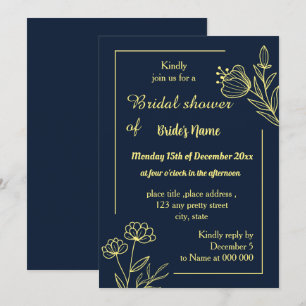 Simple gold floral navy bridal shower invitation