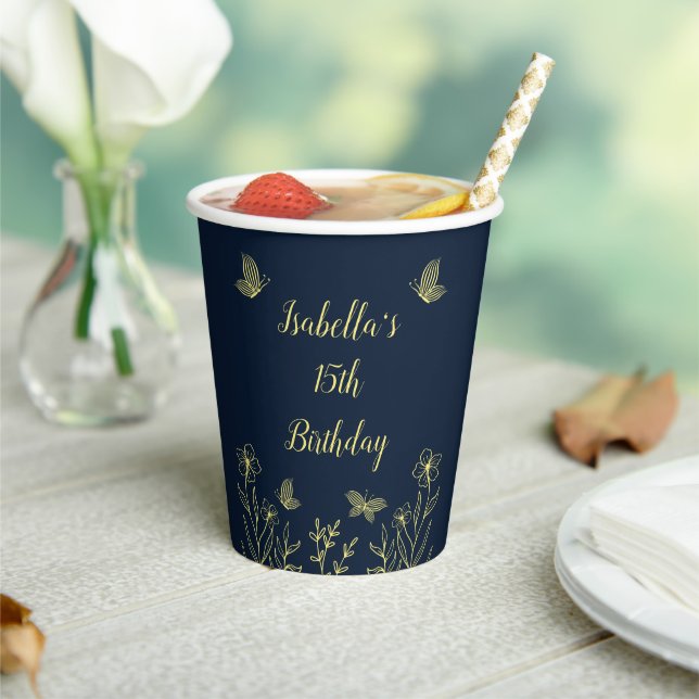 Simple gold floral navy paper cups (Insitu)