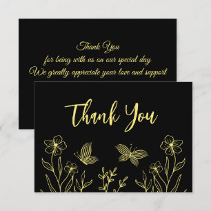 Simple gold flower black wedding thank you card