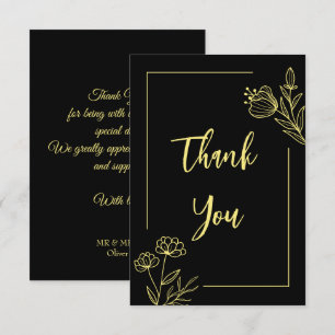 Simple gold flower black wedding thank you card