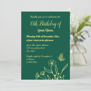 Simple gold flower emerald green birthday  invitation