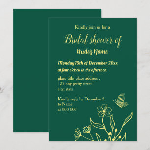 Simple gold flower emerald green bridal shower invitation
