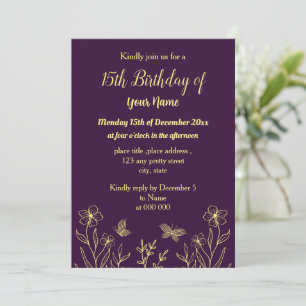 Simple gold flower purple birthday invitation