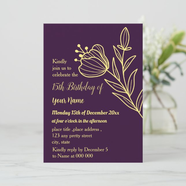 Simple gold flower purple birthday invitation (Standing Front)