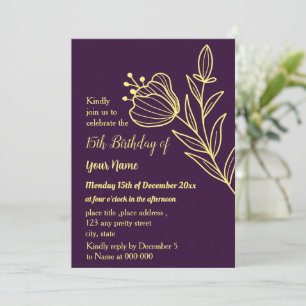 Simple gold flower purple birthday invitation