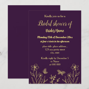 Simple gold flower purple bridal shower invitation