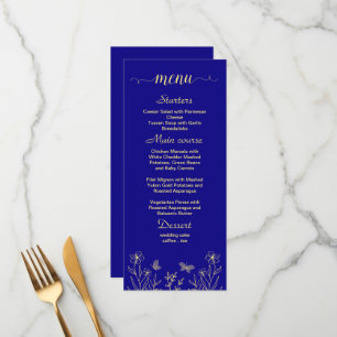 Simple gold flower royal blue wedding menu