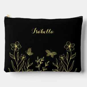 Simple gold flowers black accessory pouch