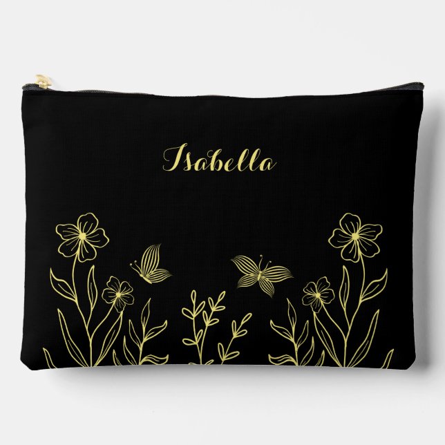 Simple gold flowers black accessory pouch (Front)