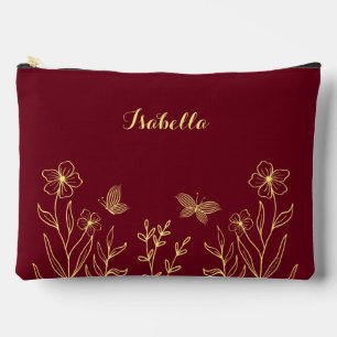 Simple gold flowers burgundy accessory pouch