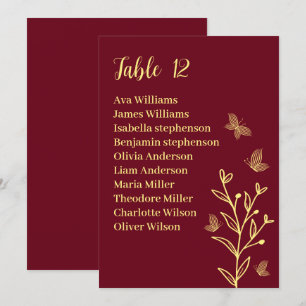 Simple gold flowers burgundy seating chart card