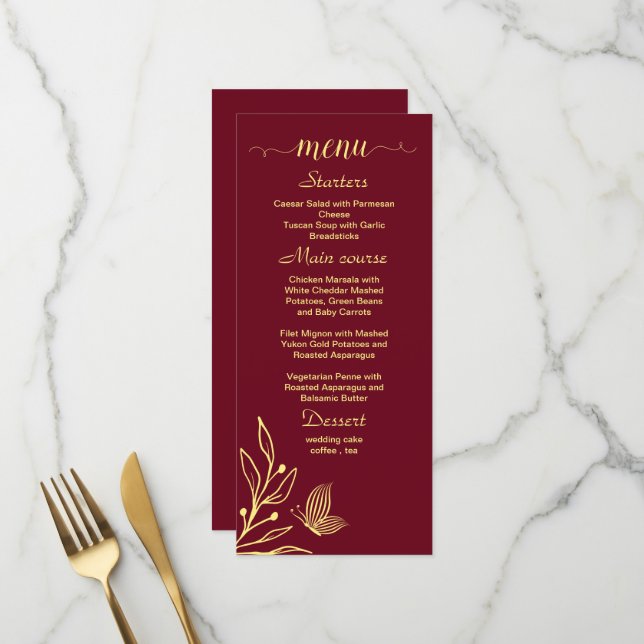 Simple gold flowers burgundy wedding menu (Front/Back In Situ)