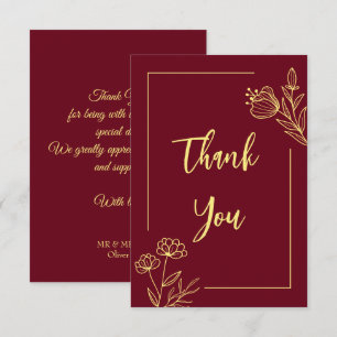 Simple gold flowers burgundy wedding thank you card