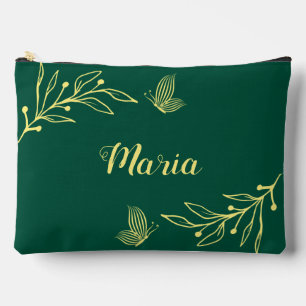Simple gold flowers emerald green accessory pouch
