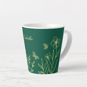 Simple gold flowers emerald green latte mug