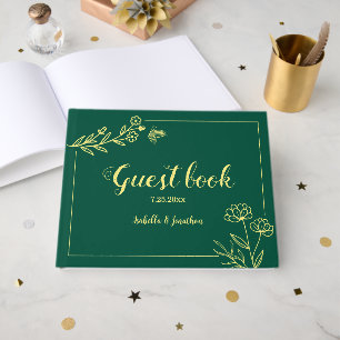 Simple gold flowers emerald green wedding guest book