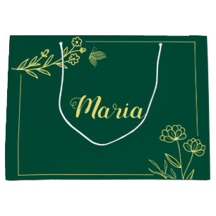 Simple gold flowers emerald green wedding large gift bag