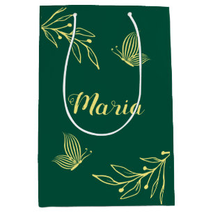 Simple gold flowers emerald green wedding medium gift bag