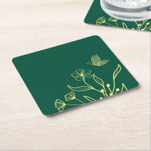 Simple gold flowers emerald green wedding square paper coaster