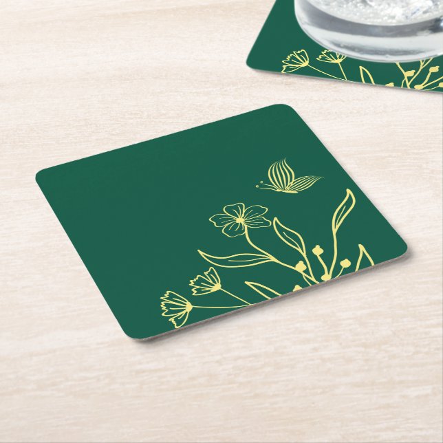 Simple gold flowers emerald green wedding square paper coaster (Angled)