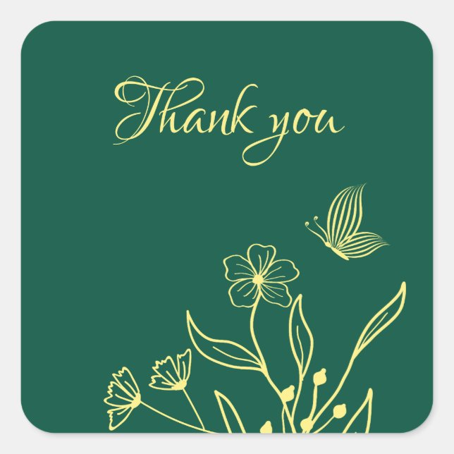 Simple gold flowers emerald green wedding square sticker (Front)