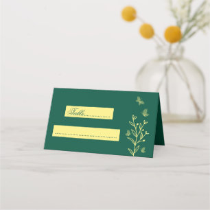 Simple gold flowers emerald wedding place card