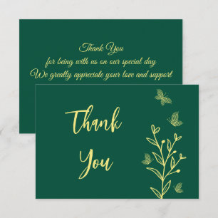 Simple gold flowers emerald wedding thank you card