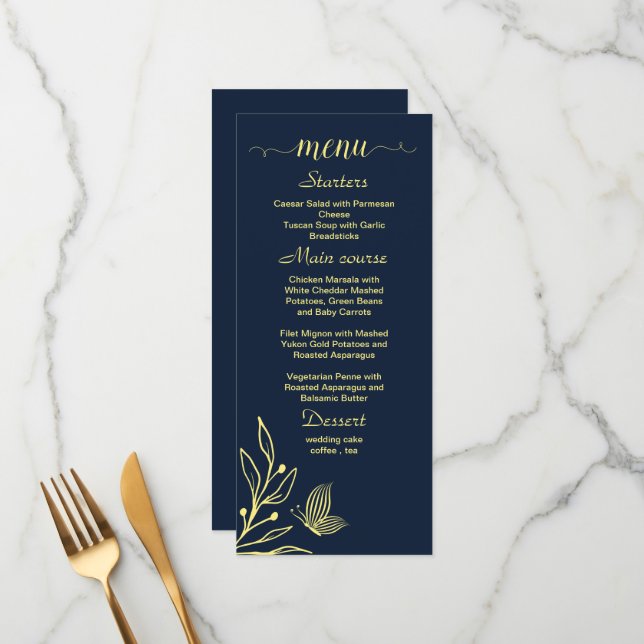 Simple gold flowers navy wedding menu (Front/Back In Situ)