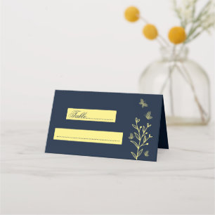 Simple gold flowers navy wedding place card