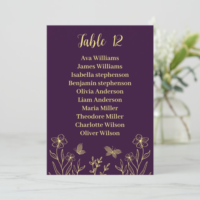 Simple gold flowers purple seating chart card (Standing Front)