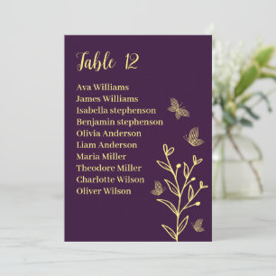 Simple gold flowers purple seating chart card