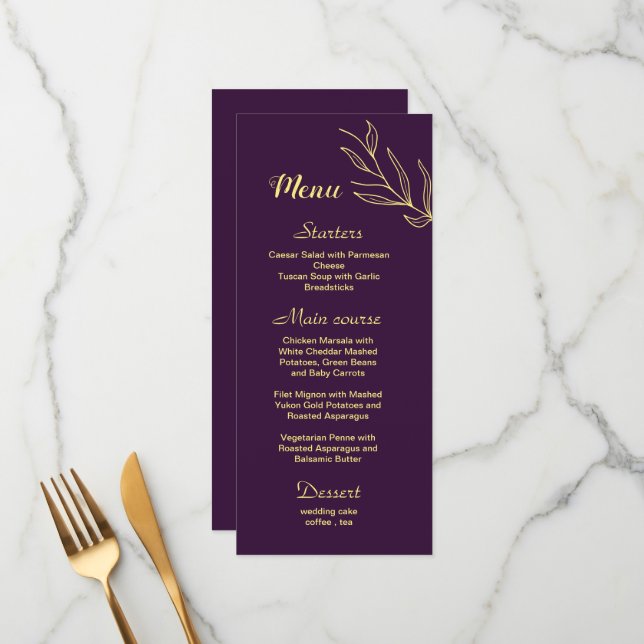 Simple gold flowers purple wedding menu (Front/Back In Situ)